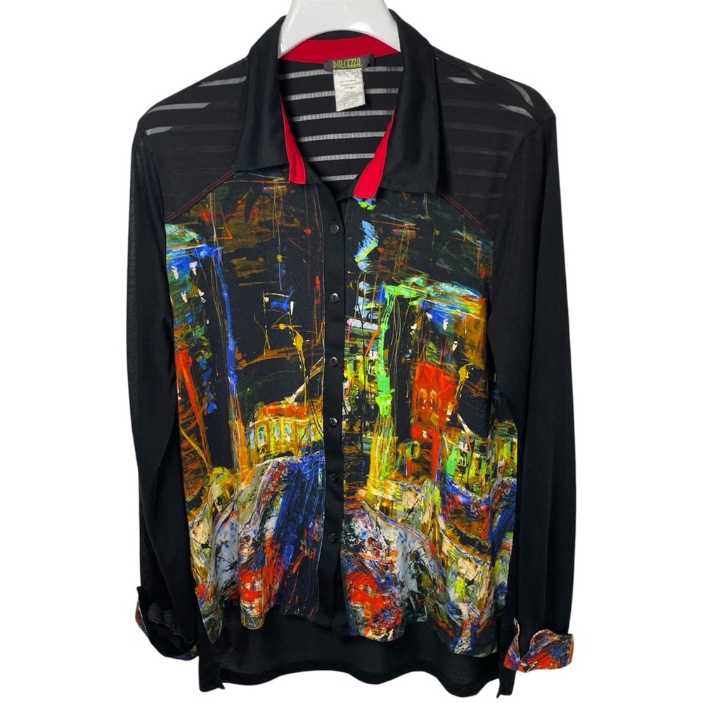 Dolcezza Colorful Abstract Cityscape Button Up Shirt, L